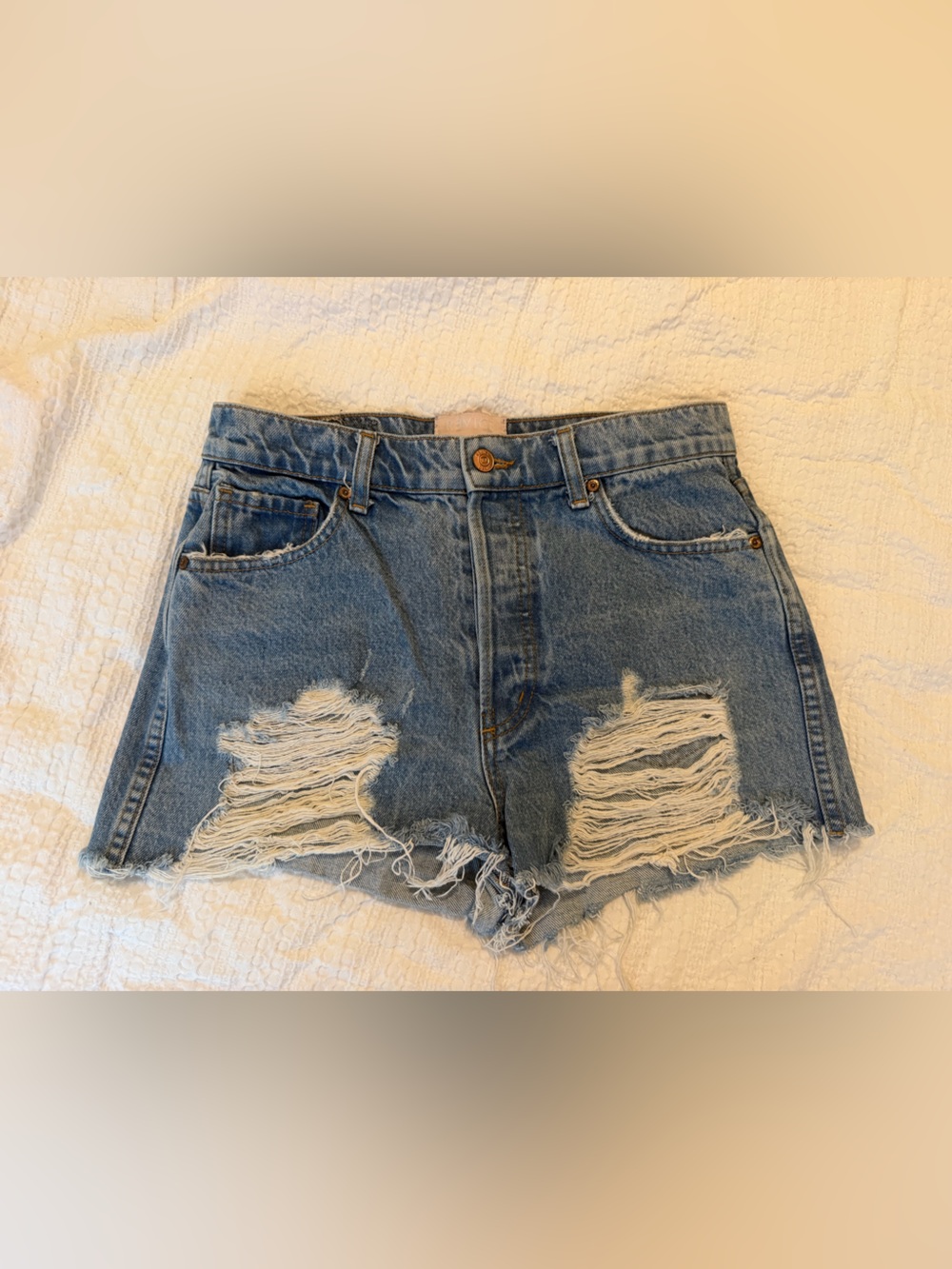REVICE Ripped High-Rise Light Blue Denim Shorts